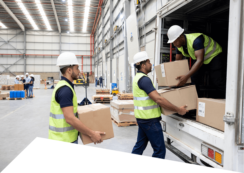 Workers in safety gear loading truck. - 55700
