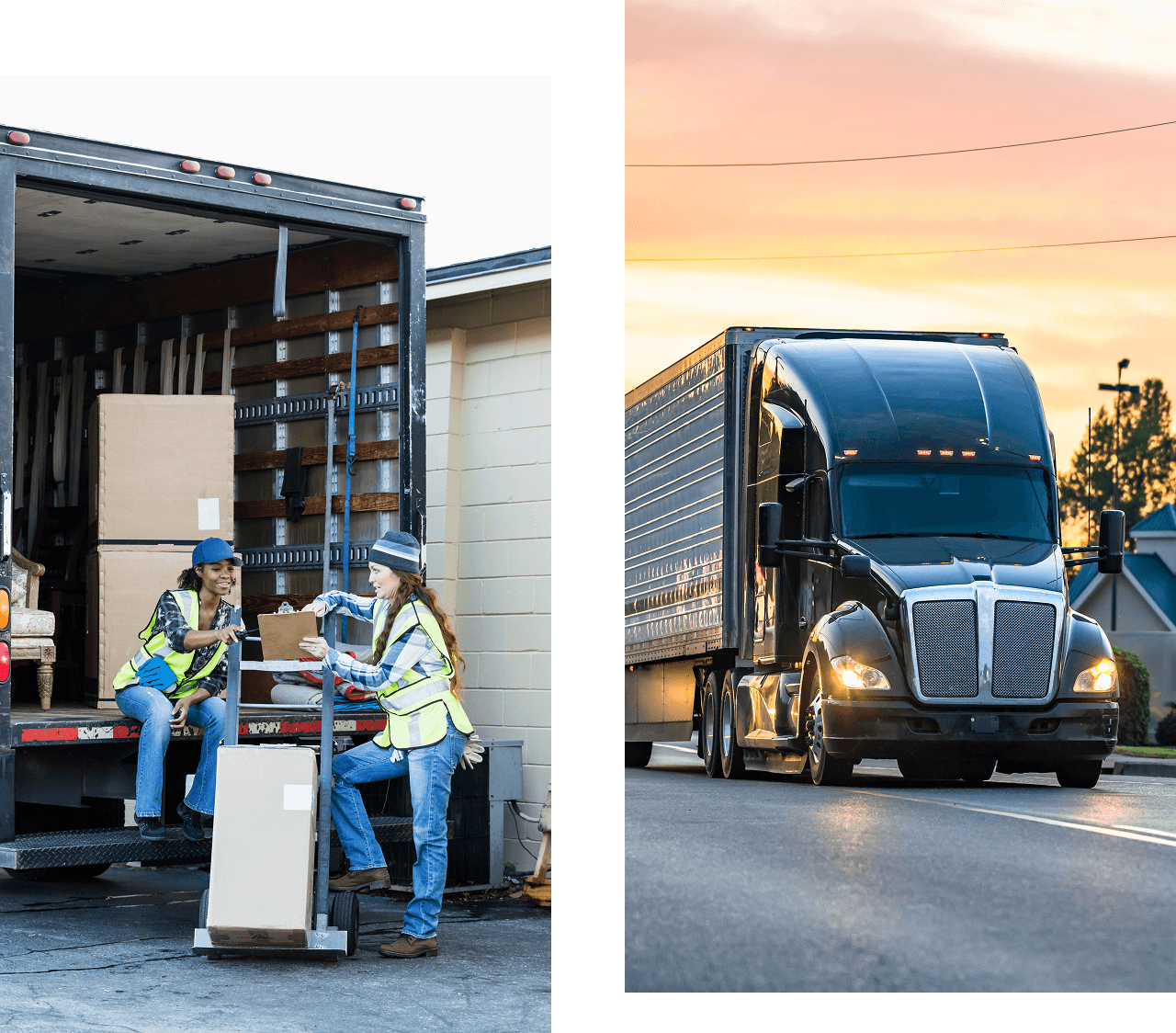 Workers loading truck, semi-truck driving sunset.