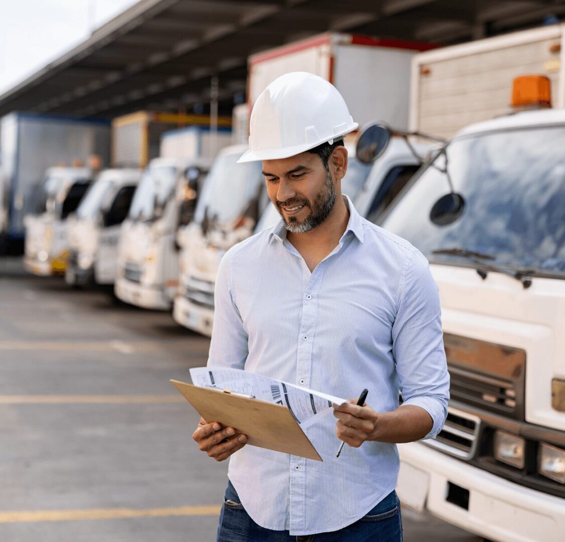 Man in hard hat checking clipboard by trucks.