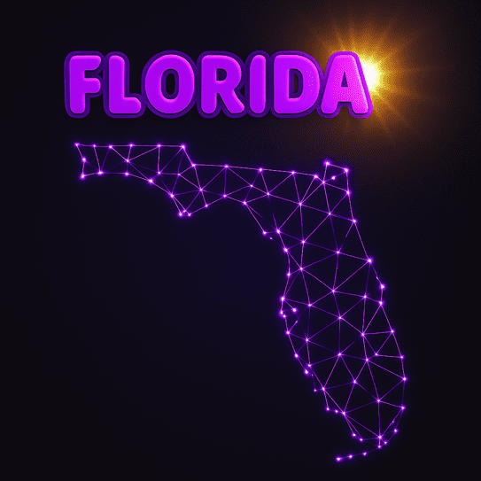 Digital map of Florida with glowing network nodes and neon text.