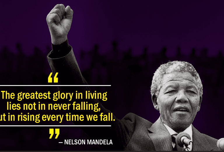 Nelson Mandela with a fist raised, alongside an inspiring quote about resilience.