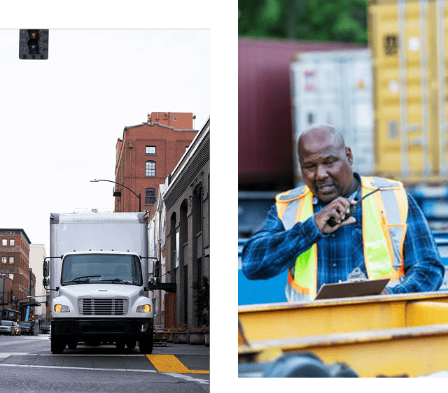 A man in a blue shirt and yellow vest points while sitting on a yellow vehicle.