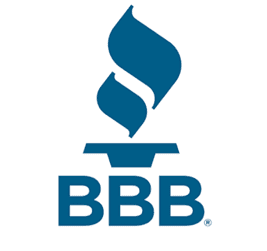 Blue Better Business Bureau (BBB) logo with flame design above text.